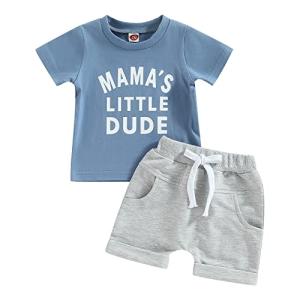 Infant Baby Boy Summer Clothes Little Dude Short Sleeve T-Shirt Tops Pants Shorts Set Mothers Fathers Day Outfit (Mama's Little Dude #Blue, 3-6 Months) from YOKJZJD