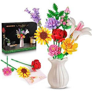HOGOKIDS Flower Bouquet Building Set with Blessing Card - Flowers Botanical Collection Home Office Decor, 688 PCS Plant Building Block Toy for Adults Kids Girls Ages 6-12+, Mothers Day Birthday Gift by HOGOKIDS