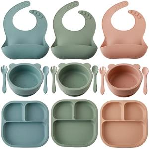 Zubebe 15 Pcs Baby Led Weaning Supplies Silicone Baby Feeding Set, Divided Toddler Plates Suction Plates for Baby Eating Supplies Toddler Utensils Suction Bowl Spoon Fork Adjustable Silicone Bib from 