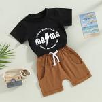 Toddler Baby Boy Summer Clothes Color Block Short Sleeve T-Shirt Letter Tops Solid Color Shorts Sets 2Pcs Cute Outfits (B-Black, 12-18 Months) by Fepege