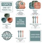 Zubebe 15 Pcs Baby Led Weaning Supplies Silicone Baby Feeding Set, Divided Toddler Plates Suction Plates for Baby Eating Supplies Toddler Utensils Suction Bowl Spoon Fork Adjustable Silicone Bib from 