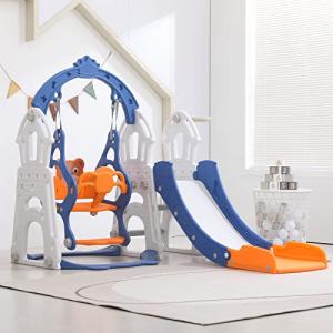 MERIT play Toddler Slide Kids Slide and Swing Set, 4 in 1 Baby Slide Climber Playset with Basketball Hoop and Safety Swing Set, Indoor Outdoor Backyard Baby Playground Toys for Toddlers Age 1-5, Blue by MERIT Play