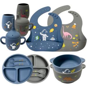 Soft Silicone Baby Feeding Set With Pattern, Baby Led Weaning Supplies with Adjustable Bib, Suction Bowl, Suction Divided Plate, Straw Cup, First Stage Spoon & Fork from Binsuca