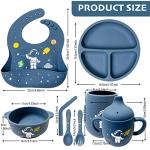 Soft Silicone Baby Feeding Set With Pattern, Baby Led Weaning Supplies with Adjustable Bib, Suction Bowl, Suction Divided Plate, Straw Cup, First Stage Spoon & Fork from Binsuca