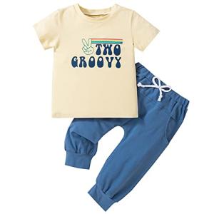 Pudcoco Toddler Baby Boys Birthday Outfit Two Groovy T-shirt and Long Pants Set Summer 2 Years Old Birthday Clothes 18-24 Months from 
