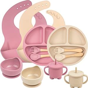 Silicone Baby Feeding Set, Baby Led Weaning Supplies, Toddler Plates and Bowls Set with Suction, Includes Baby Plates,Bowls,Bibs, Cups,Spoons and Forks for Self Feeding(2 Sets Beige & Pink) by SINBDLAI