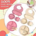 Silicone Baby Feeding Set, Baby Led Weaning Supplies, Toddler Plates and Bowls Set with Suction, Includes Baby Plates,Bowls,Bibs, Cups,Spoons and Forks for Self Feeding(2 Sets Beige & Pink) by SINBDLAI