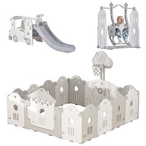 Veemuaro Foldable Baby Playpen, Portable 14-Panel Baby Playpen, Baby Gate Playpen, Adjustable Shape Kids Activity Centre Safety Play Yard Indoor Outdoor (Castle Playpen + Swing Set + Toddler Slide) from Veemuaro