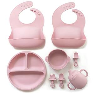 Clover Clover 9 Piece Baby Led Weaning Supplies- Toddler Feeding Set- Silicone Divided Suction Plate with Lid, Suction Bowl, Sippy Cup, 2 Bibs, 2 Soft Spoons and Fork 6 Months+ (Matte Pink) by Clover Clover