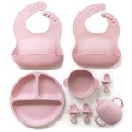 Clover Clover 9 Piece Baby Led Weaning Supplies- Toddler Feeding Set- Silicone Divided Suction Plate with Lid, Suction Bowl, Sippy Cup, 2 Bibs, 2 Soft Spoons and Fork 6 Months+ (Matte Pink) by Clover Clover