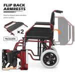 MoNiBloom Folding Transport Wheelchair with Full Arms and Removable Swing-Away Footrest for Adults Lightweight Foldable 17 inch Wide Seat Wheel Chair for Compact Storage, 300 lbs Capacity, Red from MoNiBloom