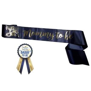 Amy's Bubbling Boutique Twinkle Little Star Baby Shower Mommy Banner Sash & Daddy to Be Pin Navy & Gold Gift Set from Amy's Bubbling Boutique