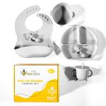 Baby Bees Knees Baby led weaning Supplies-Complete Starter Set Silicone Feeding Set- Suction Bowl Space Saving Suction Plate self Feeding Spoons- Easy to use Solid Food Eating Set 6+ Months from BabyBeesKnees