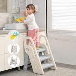 Onasti Foldable Toddler Step Stop for Bathroom Sink, Adjustable 3 Step Stool for Kids Toilet Potty Training Stool with Handles, Child Kitchen Counter Stool Helper, Plastic Ladder for Toddlers Grey by Onasti