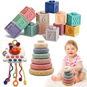 EOOLEOW Baby Toys 6 to 12 Months - 3 in 1 Infant Toys Incl Soft Building Blocks Sensory Toys, Soft Stacking Teething Toys, Octopus Pull String Toddler Toys, Montessori Toys for Babies 6-24 Months by YU QIANG TOYS FACTORY