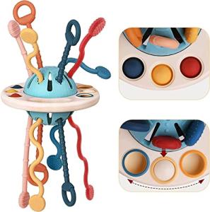 Pichoi Montessori Toys for Baby 6 Months, Baby Sensory Toy for Kids 1 Year Old, Silicone Teething Toy for Toddlers 12 Months, UFO Pull String Activity Toddler Bath Toy for Travel, Boys Girl Birthday by Pichoi