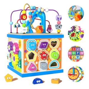 Wooden Baby Activity Cube for Toddlers 3+ï¼5 in 1 Early Educational Montessori Toy for Toddlersï¼Abacus Blocks Bead Maze Spinning Gear Shape Sorter Learning Clockï¼First Birthday Gifts for Boys Girls. by Jade Hare