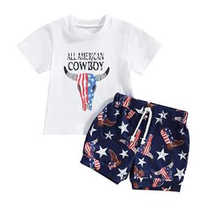 4th of July Baby Boy Outfit Short Sleeve American Cowboy T-Shirt Tops Jogger Shorts Western Summer Clothes (White-Cowboy, 12-18 Months) by Muasaaluxi