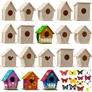 Sawysine 48 Wooden Bird House Kits for Children to Build, 48 Pieces 6 Shapes Wooden Birdhouse, 57 Stereoscopic Butterfly Sticker for Kids Party Art, Craft Kits Boy Girl Crafting, Decorating, KF0445 from Sawysine