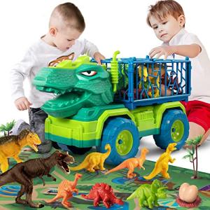 TEMI Dinosaur Truck Toys for Kids 3-5 Years, Tyrannosaurus Transport Car Carrier Truck with 8 Dino Figures, Activity Play Mat, Dinosaur Eggs, Capture Jurassic Dinosaur Play Set for Boys and Girls from TEMI