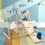 OLAKIDS Toddlers Triangle Climbing Set, 4 in 1 Foldable Kids Wood Montessori Climber Ladder with Ramp, Slide and Swing, Indoor Outdoor Playground Jungle Play Gym Structure for Boys Girls by Olakids