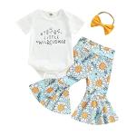 Lamuusaa Newborn Baby Girl Clothes Short Sleeve Romper Flower Flared Pants Bell Bottoms Headband Boho Summer Clothes (White, 0-6 Months) from 