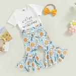 Lamuusaa Newborn Baby Girl Clothes Short Sleeve Romper Flower Flared Pants Bell Bottoms Headband Boho Summer Clothes (White, 0-6 Months) from 