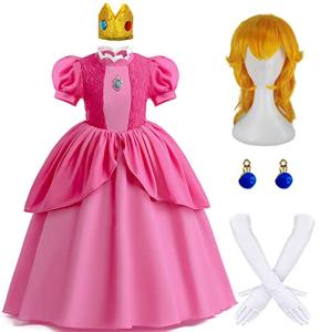 Enccfoeo Princess Peach Costume Girls Kids Princess Peach Dress with Crown Wig Gloves and Earrings Super Brothers Cosplay Halloween Costumes EN025S from 