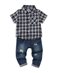 XUANHAO 18 Months Boy Clothes Toddler Outfits Summer Clothes For Boys 18-24 Months Short Sleeve Button Plaid Shirts Polo Tops Denim Ripped Pants 18-24 Months Boy Clothing Black by 