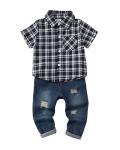 XUANHAO 18 Months Boy Clothes Toddler Outfits Summer Clothes For Boys 18-24 Months Short Sleeve Button Plaid Shirts Polo Tops Denim Ripped Pants 18-24 Months Boy Clothing Black by 