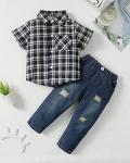 XUANHAO 18 Months Boy Clothes Toddler Outfits Summer Clothes For Boys 18-24 Months Short Sleeve Button Plaid Shirts Polo Tops Denim Ripped Pants 18-24 Months Boy Clothing Black by 
