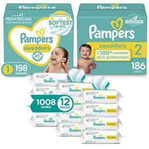 Pampers Baby Diapers and Wipes Starter Kit, Swaddlers Disposable Baby Diapers Sizes 1 (198 Count) & (186 Count) with Sensitive Water Based Baby Wipes 12X Multi Pack Pop-Top and Refill (1008 Count) from 