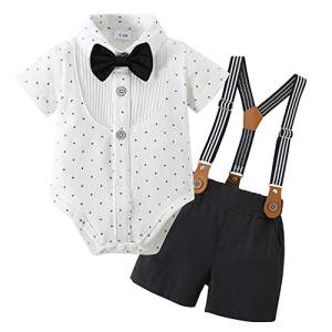 YUEMION Newborn Baby Boy Clothes Suits, Toddler Dress Shirt With Bowtie + Suspender Pants Outfit Sets Gentleman Wedding 0-18M by 