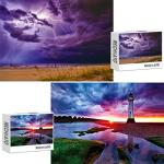 2 Pack 1000 Pieces Sunset Lighthouse & Purple Lightning Puzzle, Talacre Lighthouse UK & Landscapes of Thunder Storm, Jigsaw Puzzles for Adults 1000 Pieces and Up, Beach Puzzle Gifts for Women & Mom from RECHIATO