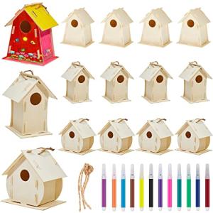 54 Pack DIY Birdhouse Kit for Kids to Build and Paint, Include Unfinished Wooden Bird House, 21 Strips and 12 Colorful Painting Pens for Girls Boys Fun Craft Activity Creative DIY Art Project by Deekin