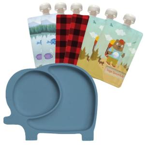 7-Piece Feeding Set SAGE SPOONFULS Suction Plate and Baby Food Pouch Set for Babies and Toddlers, 100% Silicone Divided Plate with Suction Base, 6-Pack BPA Free 7oz Double Zipper Reusable Food Pouches from Sage Spoonfuls