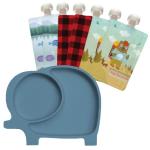 7-Piece Feeding Set SAGE SPOONFULS Suction Plate and Baby Food Pouch Set for Babies and Toddlers, 100% Silicone Divided Plate with Suction Base, 6-Pack BPA Free 7oz Double Zipper Reusable Food Pouches from Sage Spoonfuls