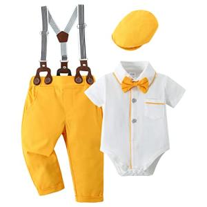 CARETOO Baby Boys Gentleman Outfits Suits, Infant Tuxedo Long Sleeve Clothes Set+ Beret Hat+ Suspender Pants Overalls 0-18M by 