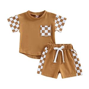 Toddler Baby Boy Summer Outfits Patchwork Plaid Short Sleeve T Shirt Tops Drawstring Shorts Infant Boy Clothes (Brown Plaid, 12-18 Months) by Sejardin