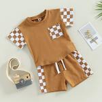 Toddler Baby Boy Summer Outfits Patchwork Plaid Short Sleeve T Shirt Tops Drawstring Shorts Infant Boy Clothes (Brown Plaid, 12-18 Months) by Sejardin