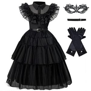 KVVFTT Black Wednesday Addams Costume Dress for Girls Halloween Party Dress Addams Cosplay Costume With Belt from 