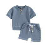 Ledy Champswiin Infant Baby Boy Girl Clothes Summer Waffle Knit Shorts Set Solid Color Short Sleeve Tops Cotton Outfit 2PCS from Ledy Champswiin