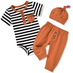 Aalizzwell 0-3 Months Newborn Infant Baby Boys Summer Clothes Short Sleeve Striped Outfit Spring Clothing Brown by 