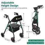 FlyingJoy Rollator Walker with Seat 8" Large 4 Wheels Rolling Walkers for Seniors Locking Brakes Adjustable Seat and Arms Aluminum Medical Walkers Lightweight Foldable Removable Back Support 300 lbs by FlyingJoy