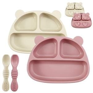 PandaEar 2 Pack Silicone Baby Suction Plates with 2 Spoons for Self Feeding, 100% Silicone Kids Toddler Suction Plates, Divided Baby Plate Set, Microwave & Dishwasher Safe, BPA Free from PandaEar