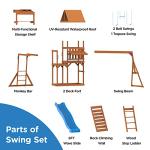 Wooden Swing Sets for Backyard with Outdoor Table, Outdoor Playset for Kids 3-10 with Monkey Bar, 8FT Wave Slide, Playhouse, and 2 Belt Swings, Multi-Functional Storage Shelf, Playground Accessories by DOLPHIN PLAYGROUND T