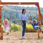 Wooden Swing Sets for Backyard with Outdoor Table, Outdoor Playset for Kids 3-10 with Monkey Bar, 8FT Wave Slide, Playhouse, and 2 Belt Swings, Multi-Functional Storage Shelf, Playground Accessories by DOLPHIN PLAYGROUND T