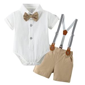 DISAUR Baby Boy Clothes Suits,Infant Gentleman Outfits Short Sleeves Romper +BowTie + Suspender Pants Wedding Set 0-18 Months(White,0-3Months) by 
