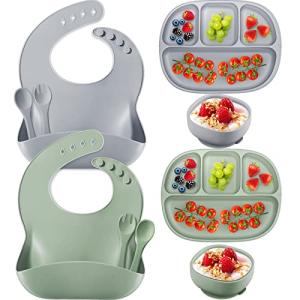2 Sets Baby Silicone Feeding Set Toddlers Including Silicone Baby Plates and Bowl with Suction, Adjustable Silicone Bib,toddler Spoons and Forks for Baby Eating Supplies from Potchen