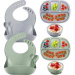 2 Sets Baby Silicone Feeding Set Toddlers Including Silicone Baby Plates and Bowl with Suction, Adjustable Silicone Bib,toddler Spoons and Forks for Baby Eating Supplies from Potchen